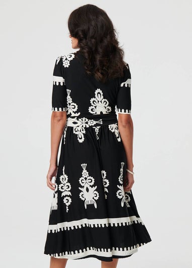 Izabel London Black Ikat Print 1/2 Sleeve Wrap Midi Dress