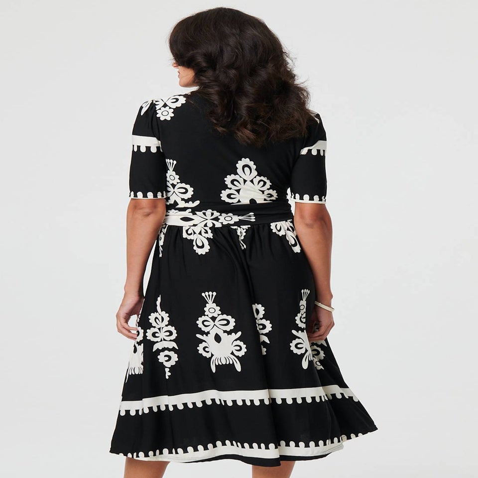 Izabel London Black Ikat Print 1/2 Sleeve Wrap Midi Dress