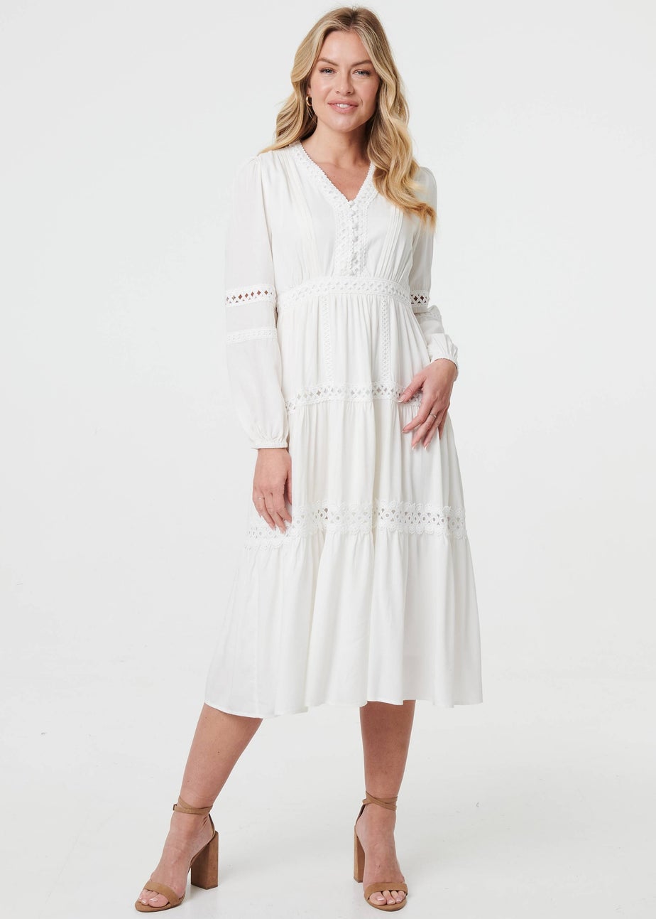 Izabel London White Lace Trim Long Sleeve Tiered Midi Dress