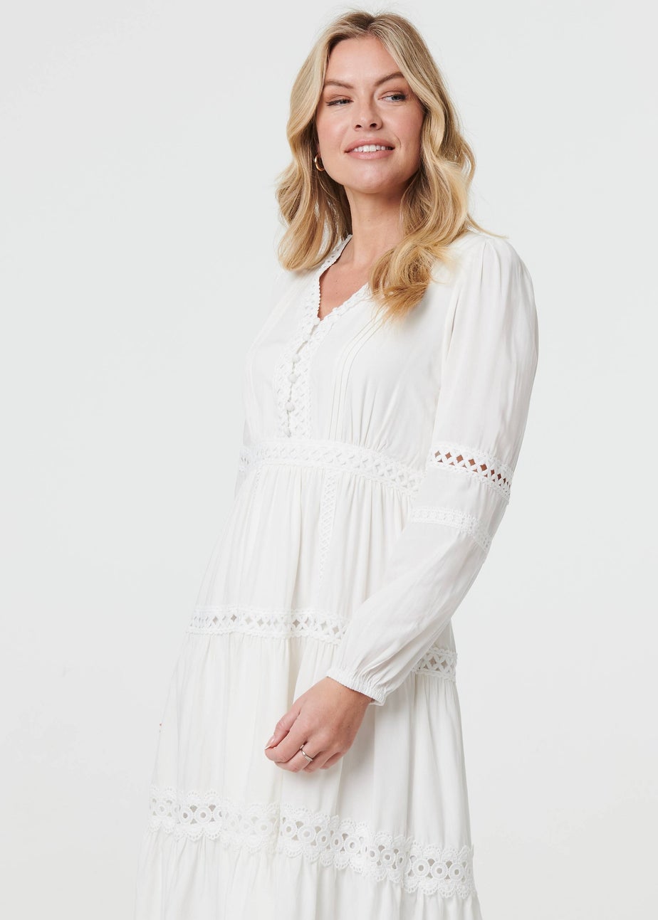 Izabel London White Lace Trim Long Sleeve Tiered Midi Dress