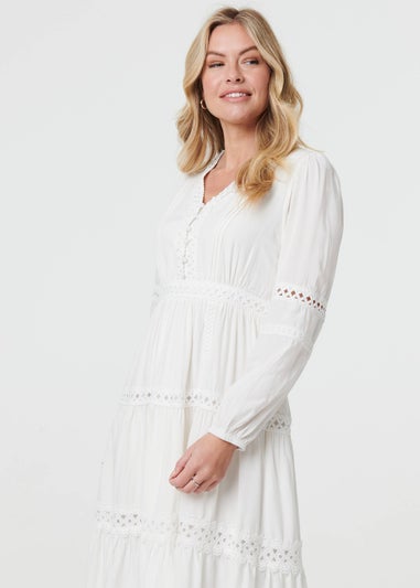 Izabel London White Lace Trim Long Sleeve Tiered Midi Dress
