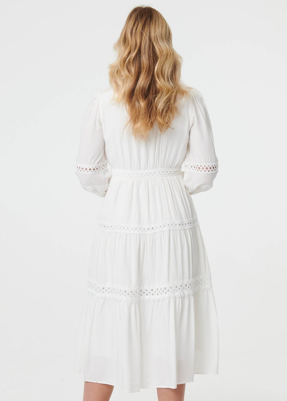Izabel London White Lace Trim Long Sleeve Tiered Midi Dress