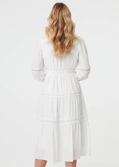 Izabel London White Lace Trim Long Sleeve Tiered Midi Dress