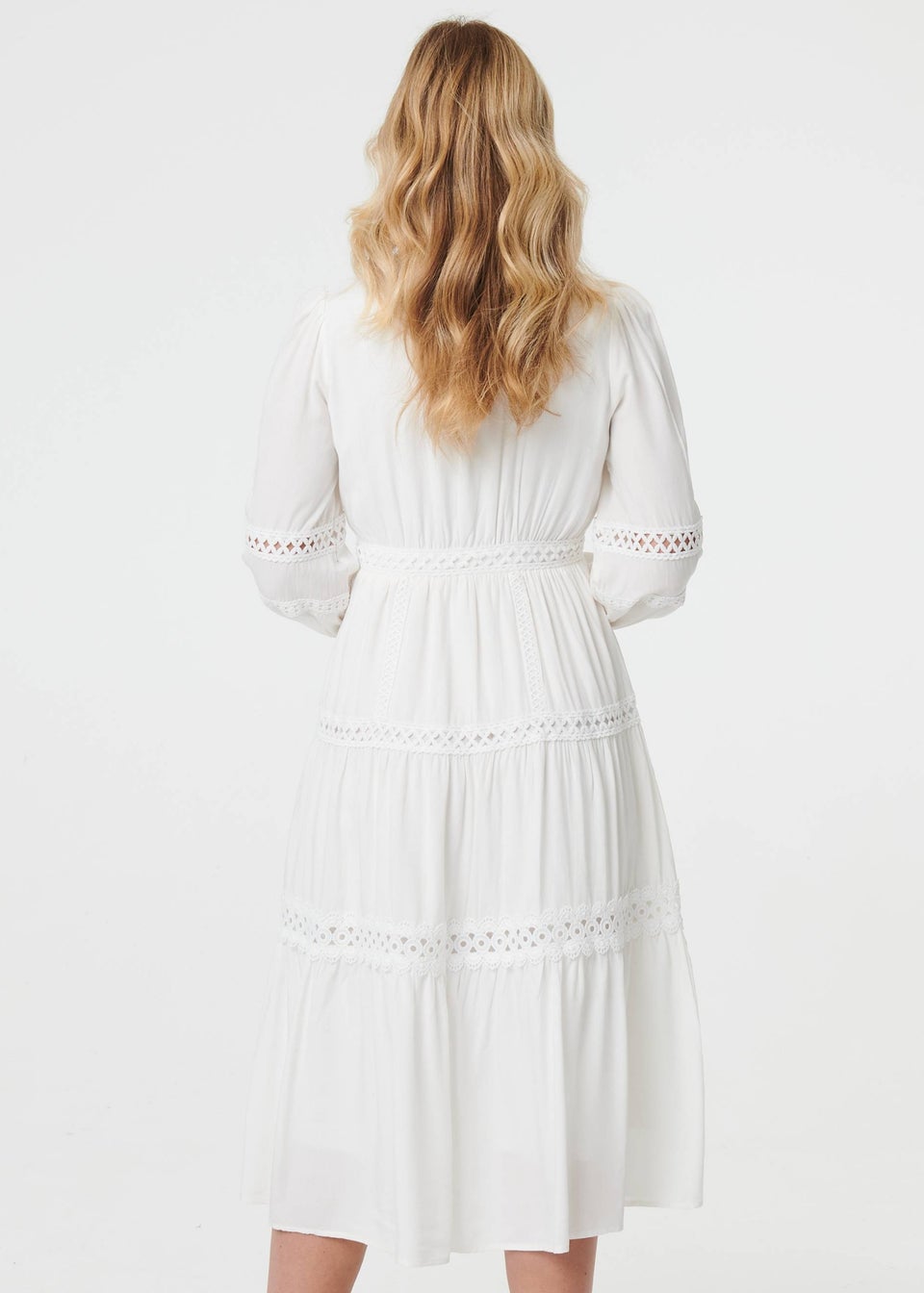 Izabel London White Lace Trim Long Sleeve Tiered Midi Dress