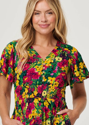 Izabel London Green Floral Shirred Short Sleeve Midi Dress