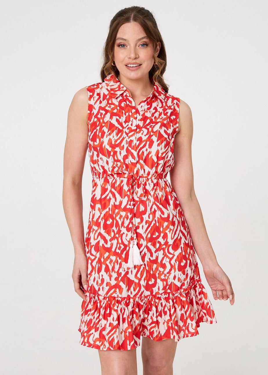 Izabel London Orange Printed Sleeveless Short Shirt Dress