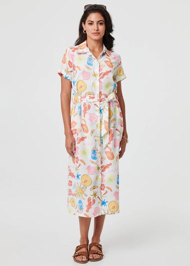 Izabel London White Abstract Tie Waist Midi Shirt Dress