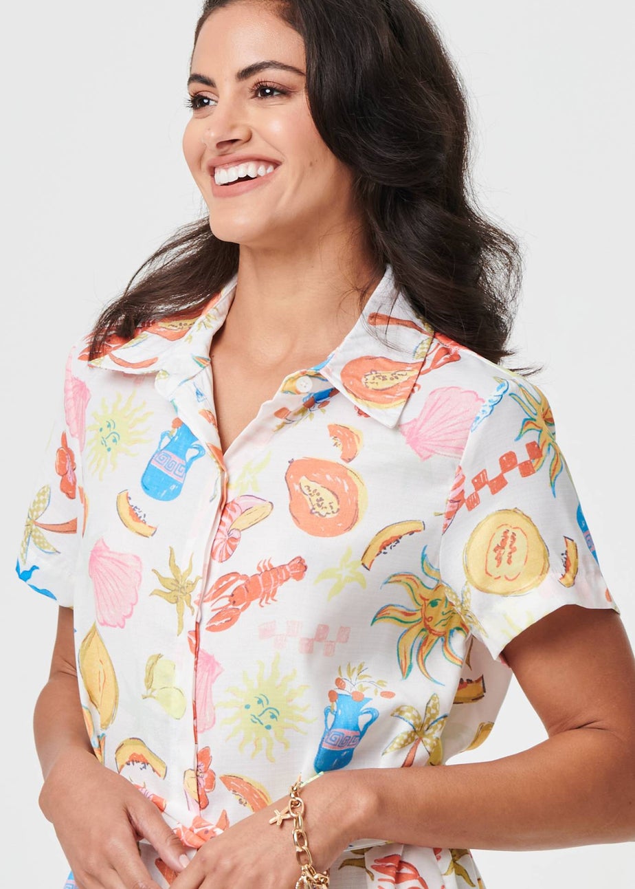 Izabel London White Abstract Tie Waist Midi Shirt Dress