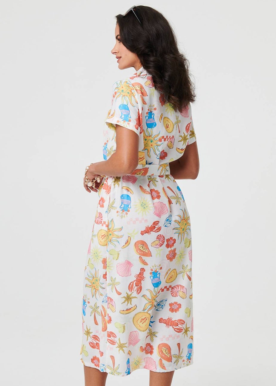 Izabel London White Abstract Tie Waist Midi Shirt Dress