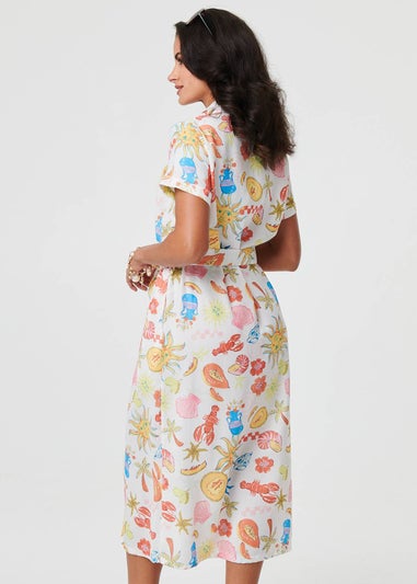 Izabel London White Abstract Tie Waist Midi Shirt Dress