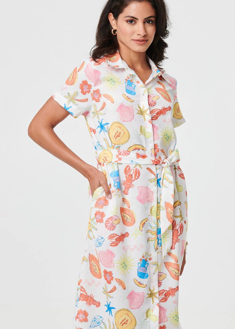 Izabel London White Abstract Tie Waist Midi Shirt Dress