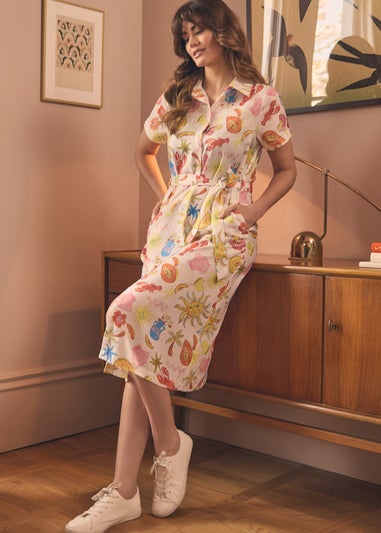 Izabel London White Abstract Tie Waist Midi Shirt Dress