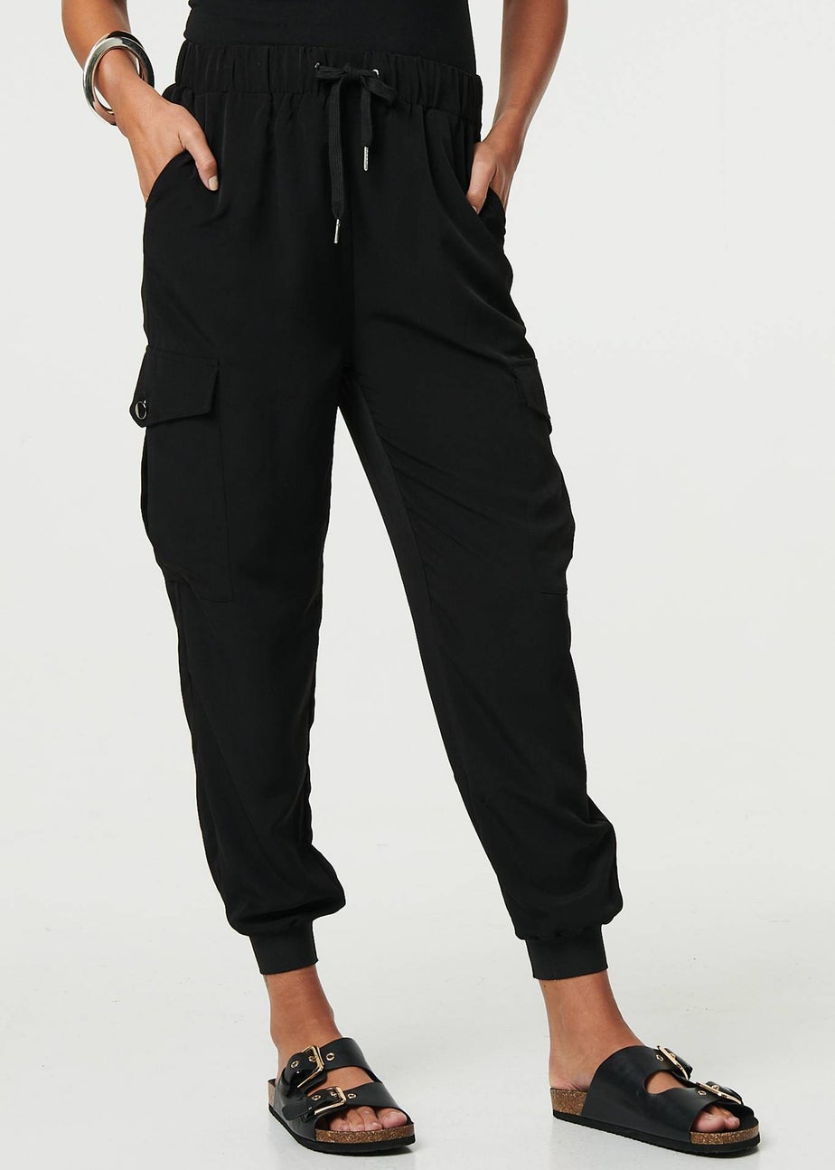 Izabel London Black Drawstring High Waist Cargo Trousers
