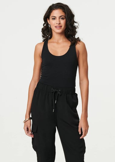 Izabel London Black Drawstring High Waist Cargo Trousers