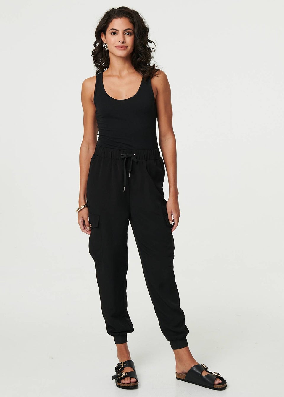 Izabel London Black Drawstring High Waist Cargo Trousers