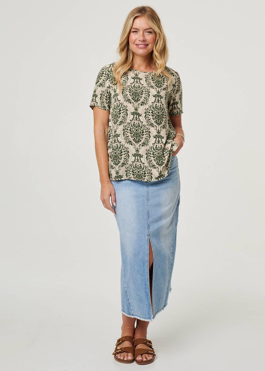 Izabel London Green Baroque Print Short Sleeve Relaxed Top