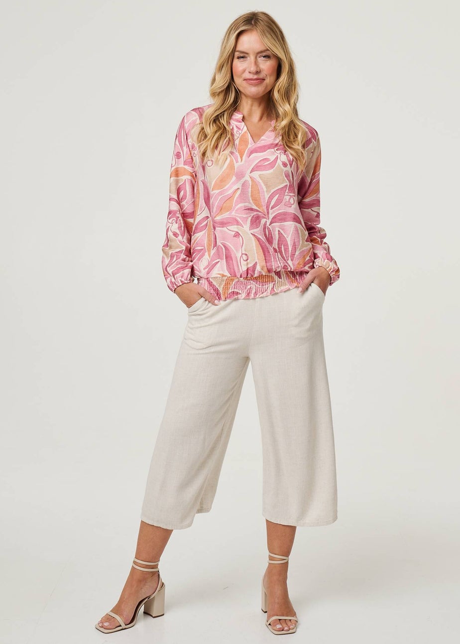 Izabel London Pink Floral Shirred 3/4 Sleeve V-Neck Blouse