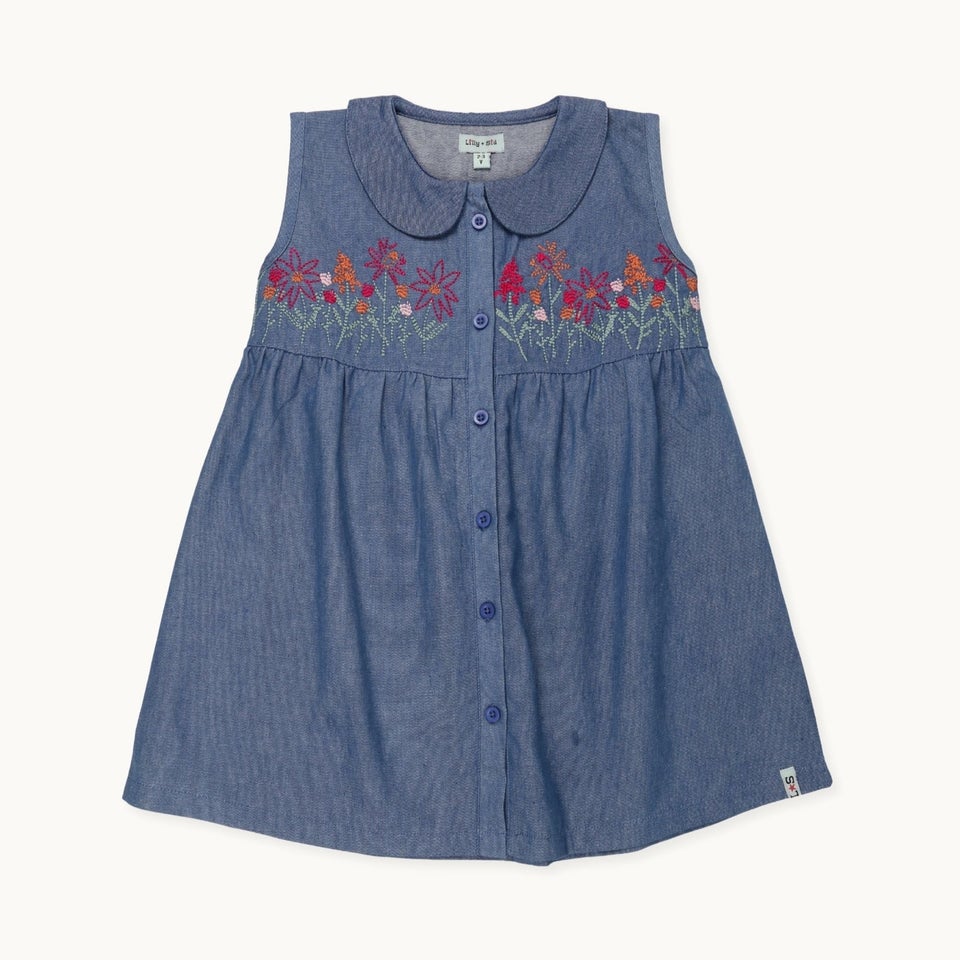 Lilly & Sid Organic Cotton Blue Floral Embroidered Dress (0-8 Years)