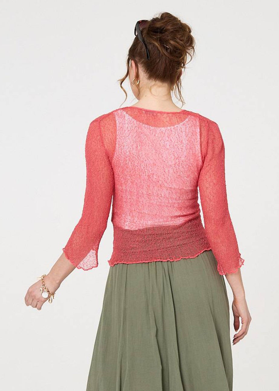 Izabel London Coral Sheer 3/4 Sleeve Open Front Cardigan