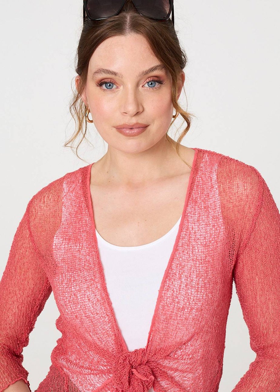 Izabel London Coral Sheer 3/4 Sleeve Open Front Cardigan