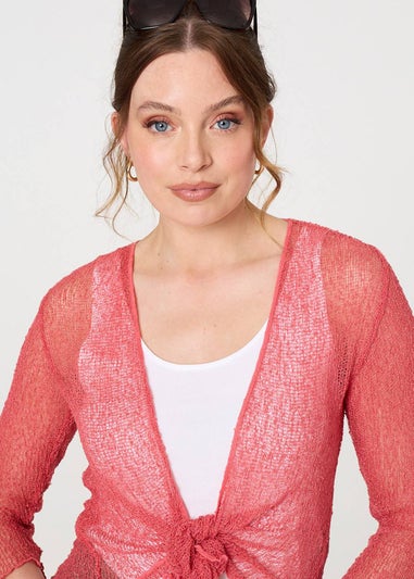 Izabel London Coral Sheer 3/4 Sleeve Open Front Cardigan