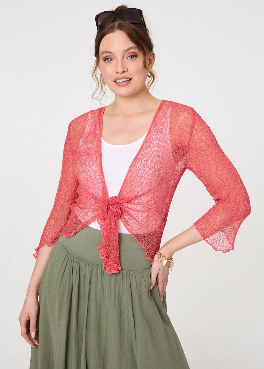 Izabel London Coral Sheer 3/4 Sleeve Open Front Cardigan