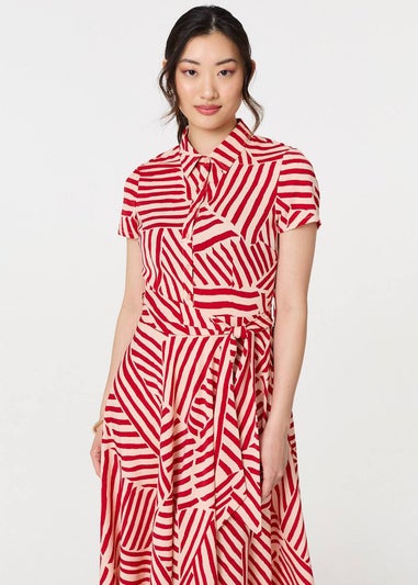 Izabel London Red Striped Tie Waist Midi Shirt Dress