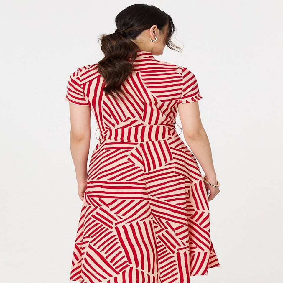 Izabel London Red Striped Tie Waist Midi Shirt Dress