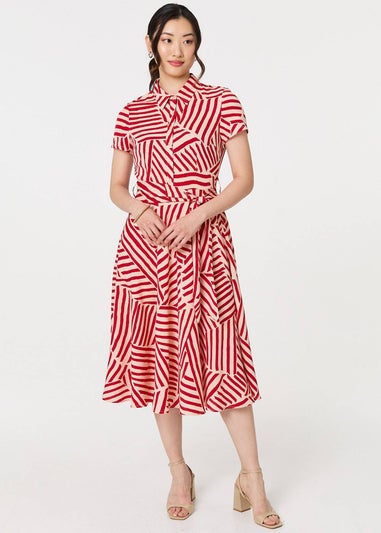 Izabel London Red Striped Tie Waist Midi Shirt Dress