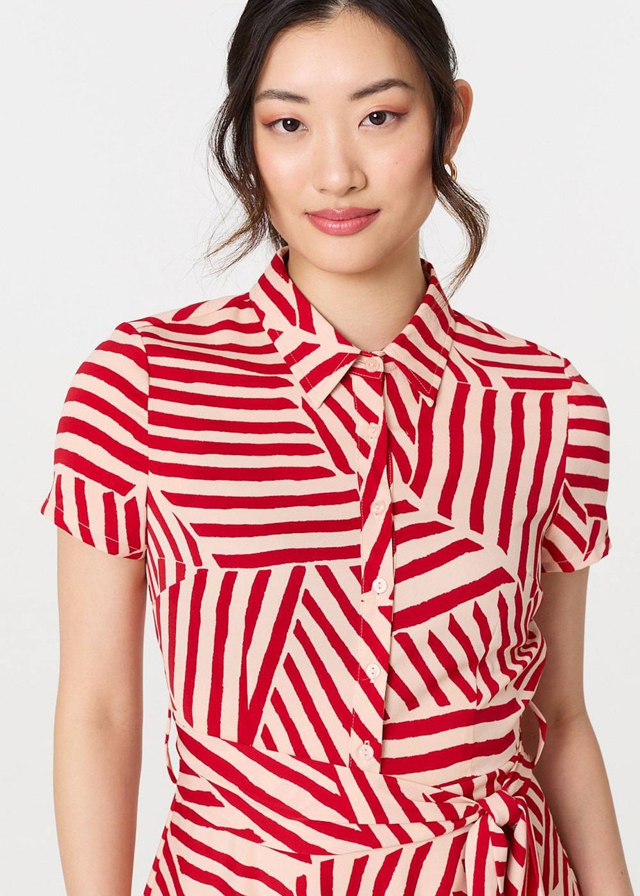 Izabel London Red Striped Tie Waist Midi Shirt Dress