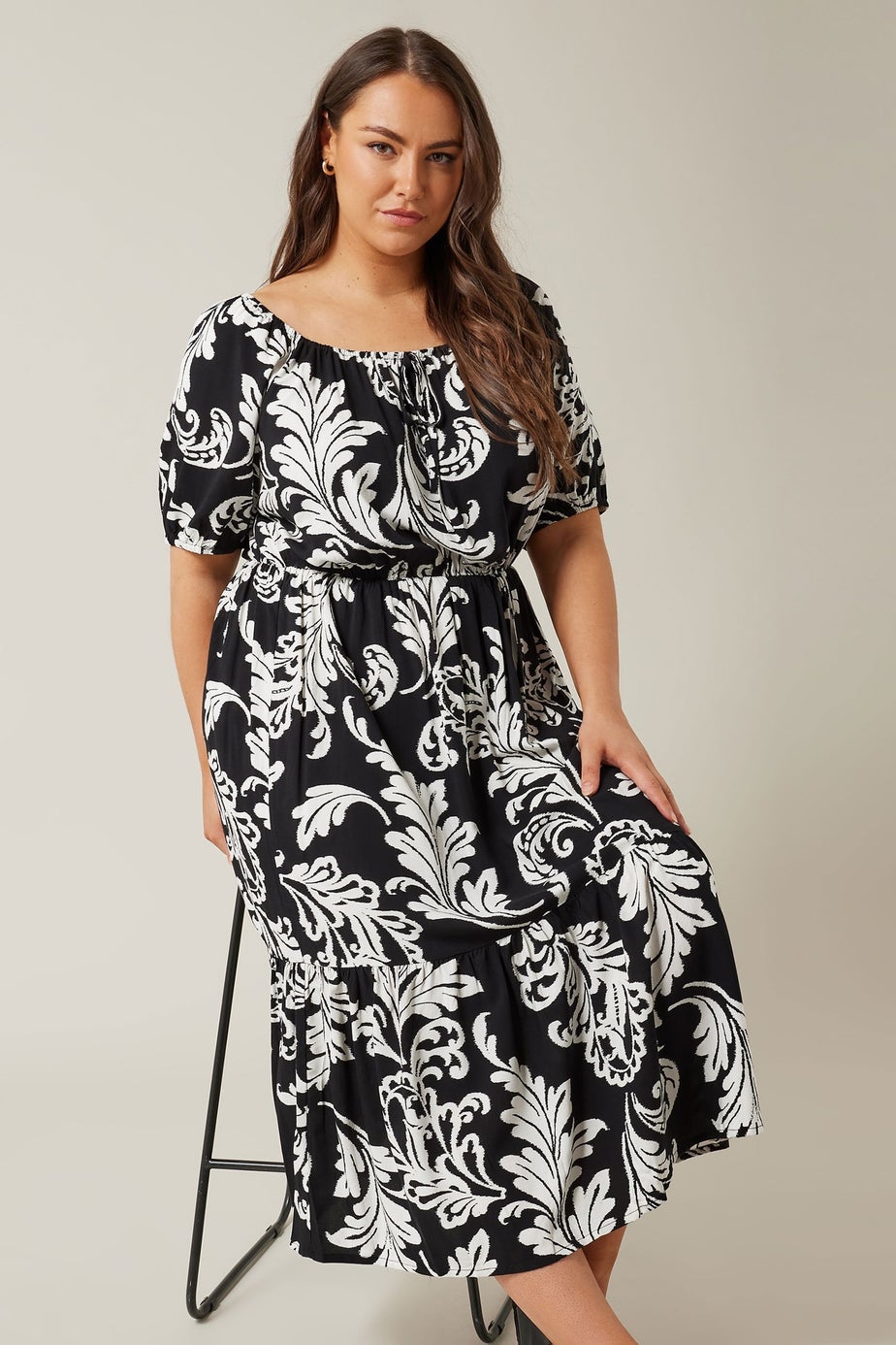 Evans Curve Black Abstract Print Tiered Midi Dress