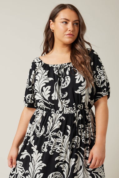 Evans Curve Black Abstract Print Tiered Midi Dress