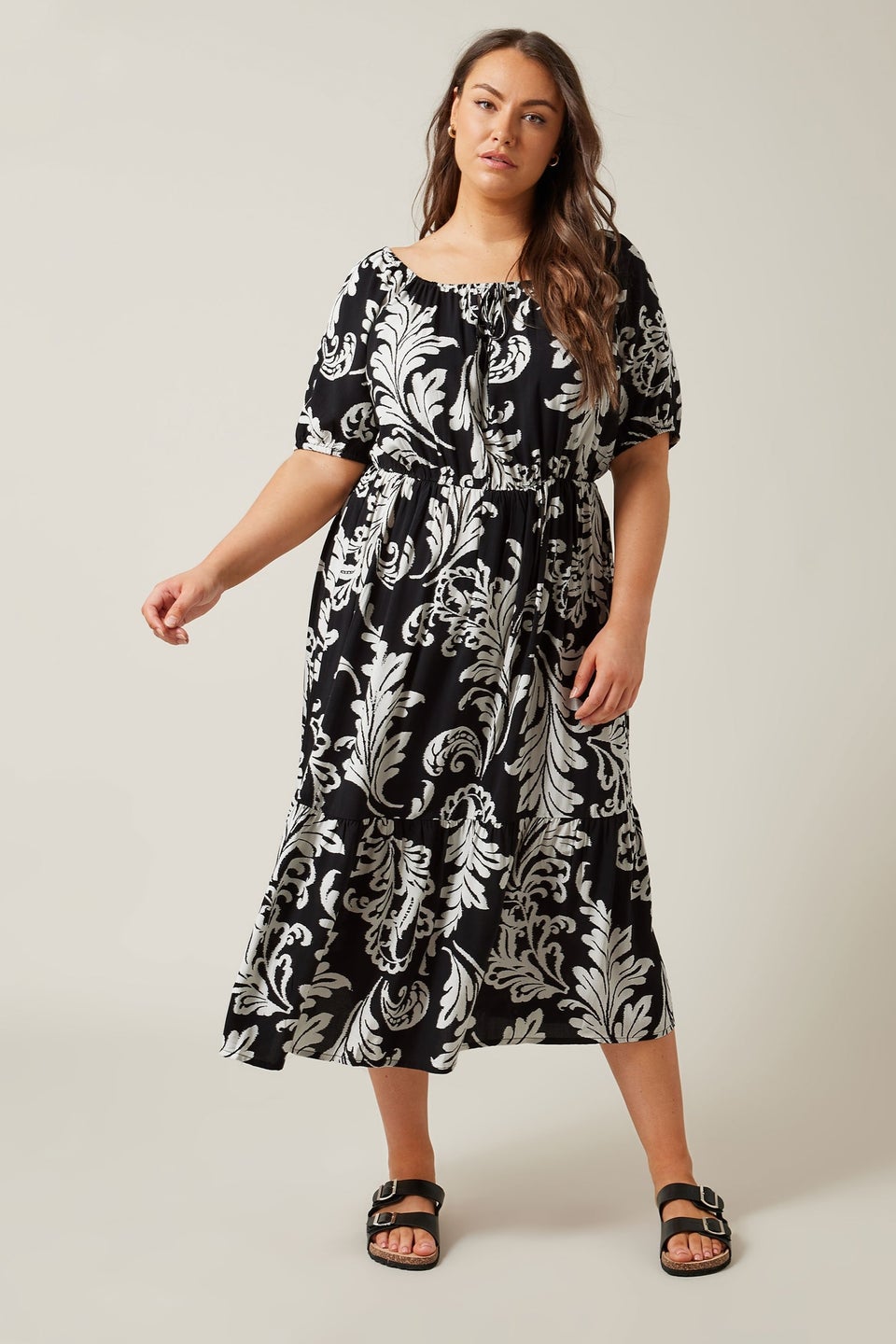 Evans Curve Black Abstract Print Tiered Midi Dress