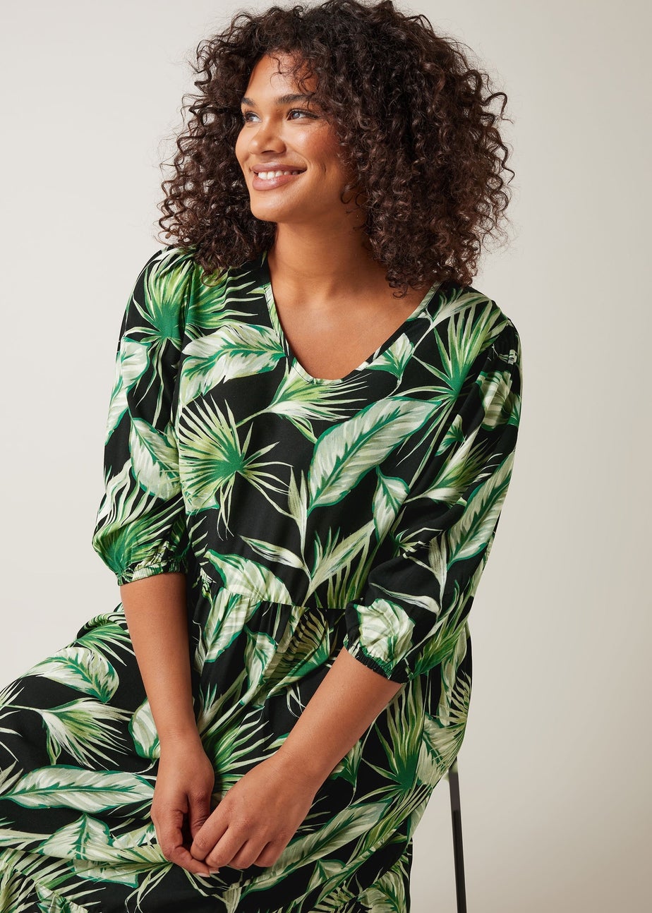Evans Curve Green Palm Print Tiered Midi Dress