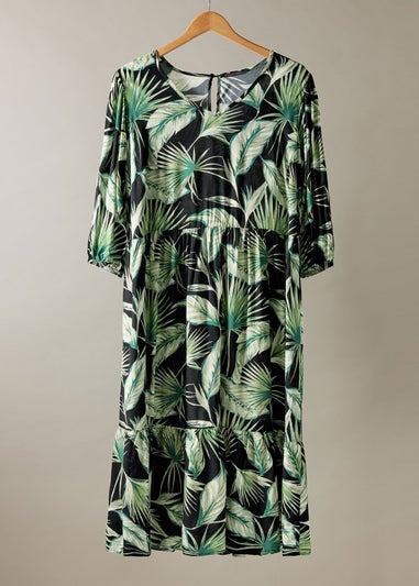 Evans Curve Green Palm Print Tiered Midi Dress
