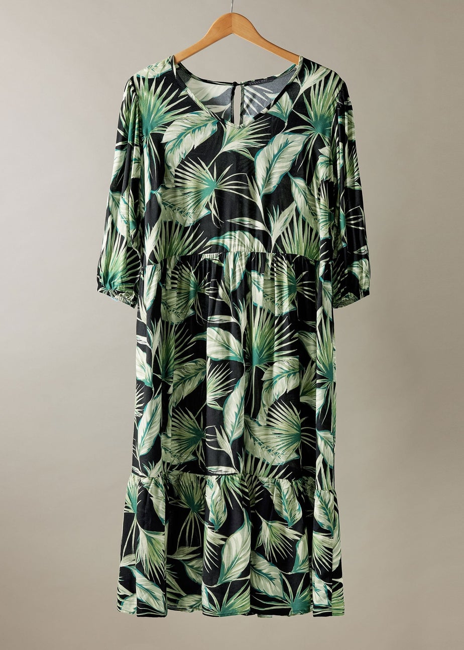 Evans Curve Green Palm Print Tiered Midi Dress