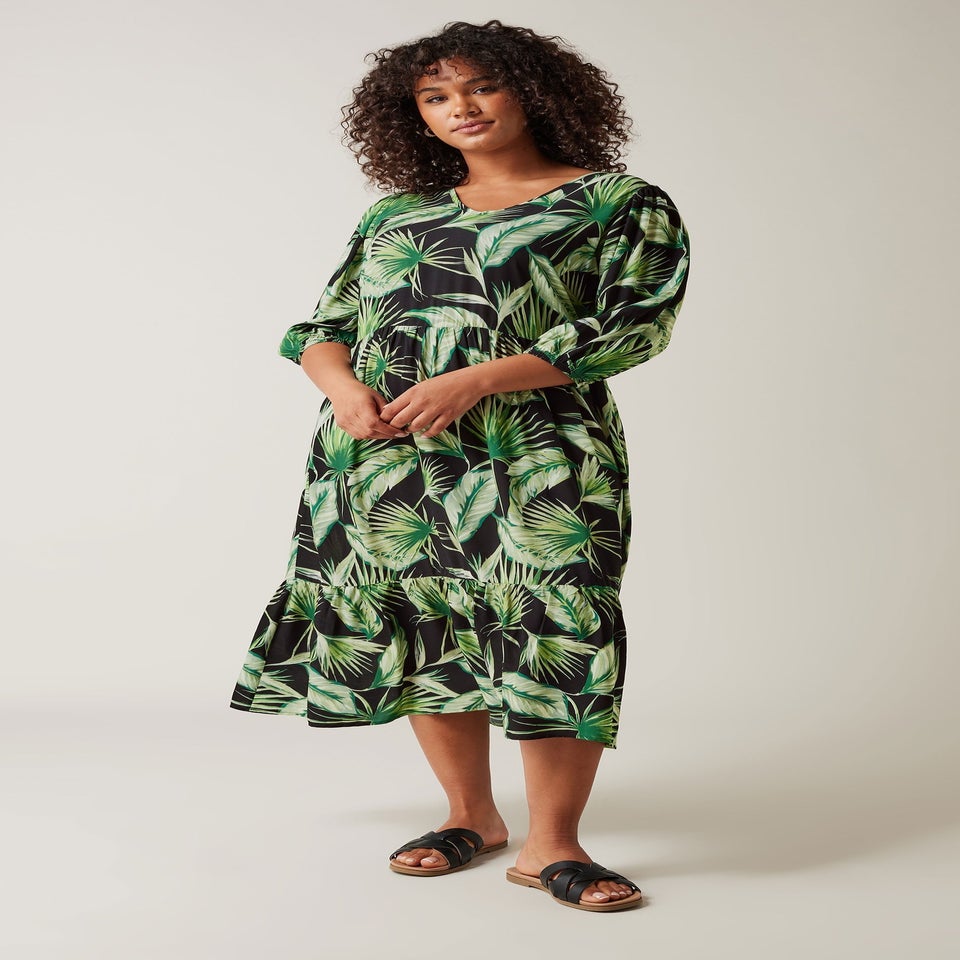 Evans Curve Green Palm Print Tiered Midi Dress