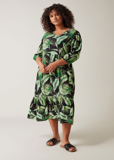 Evans Curve Green Palm Print Tiered Midi Dress