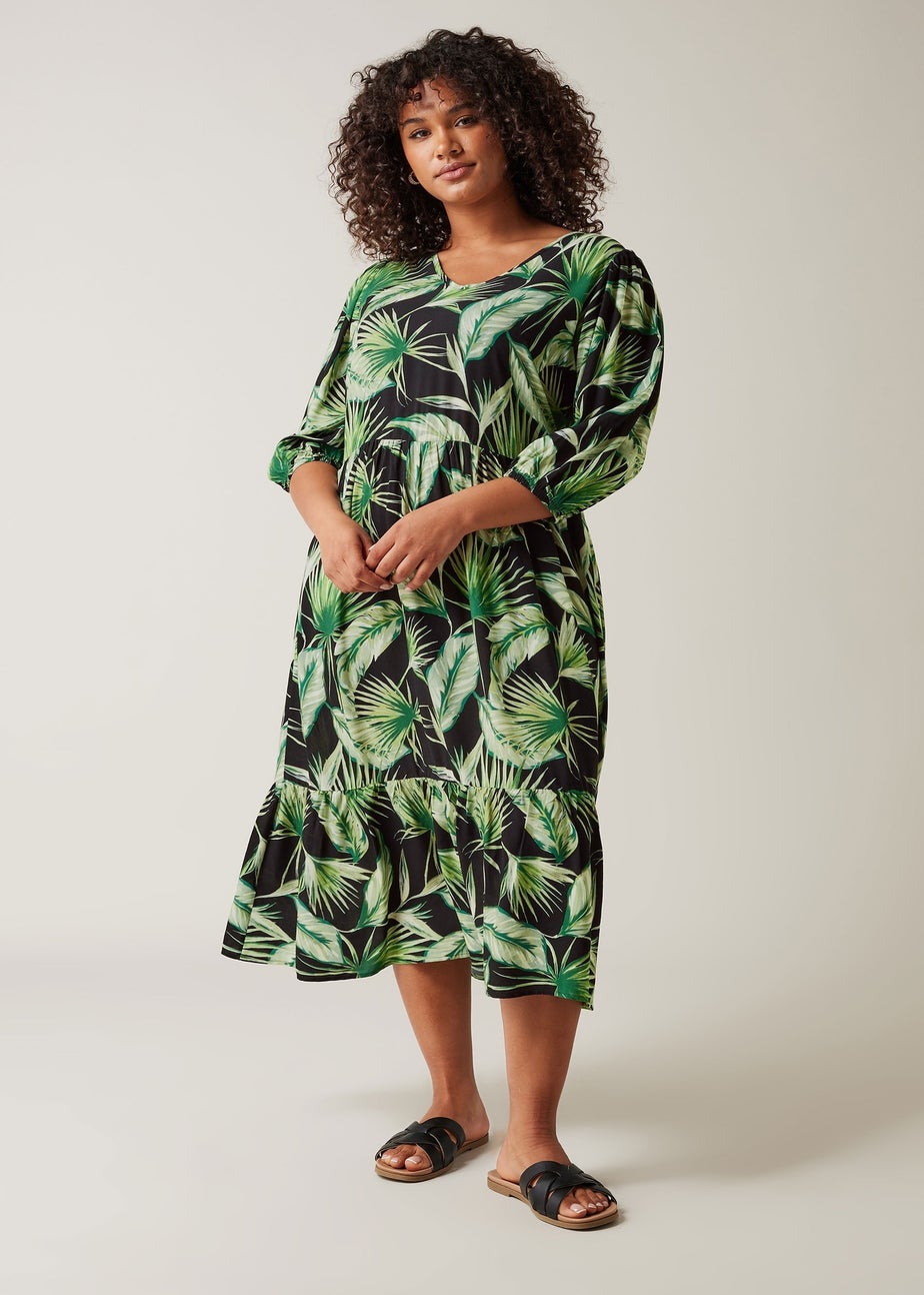 Evans Curve Green Palm Print Tiered Midi Dress