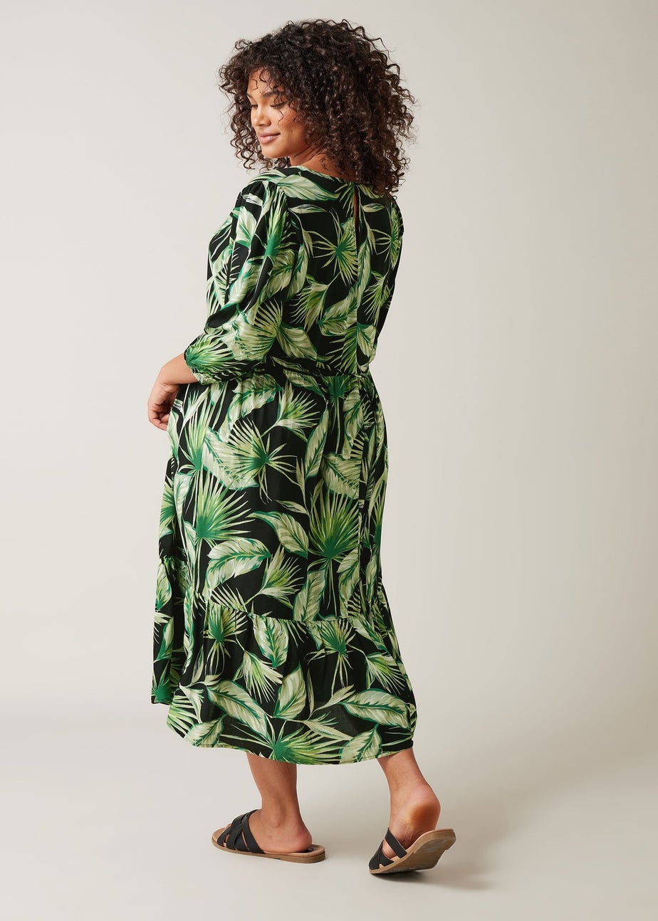 Evans Curve Green Palm Print Tiered Midi Dress