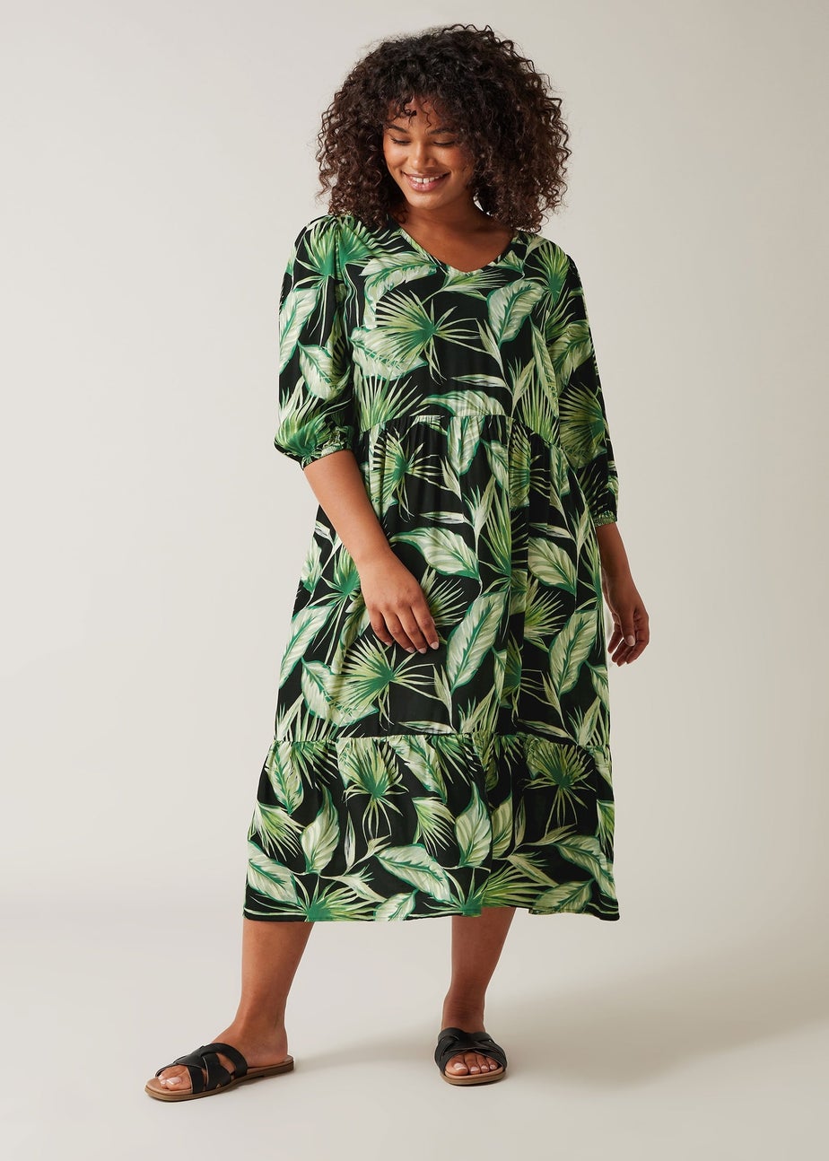 Evans Curve Green Palm Print Tiered Midi Dress