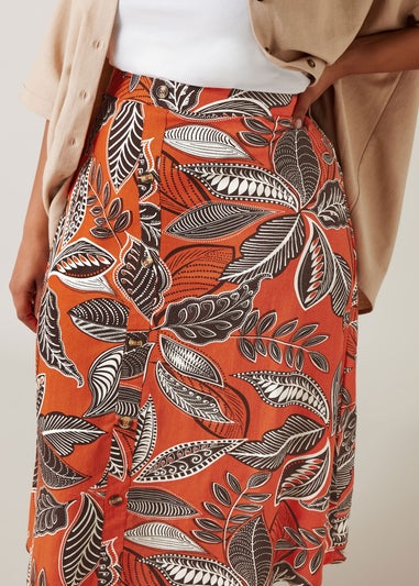 Evans Curve Rust Orange Leaf Print Linen Midi Skirt