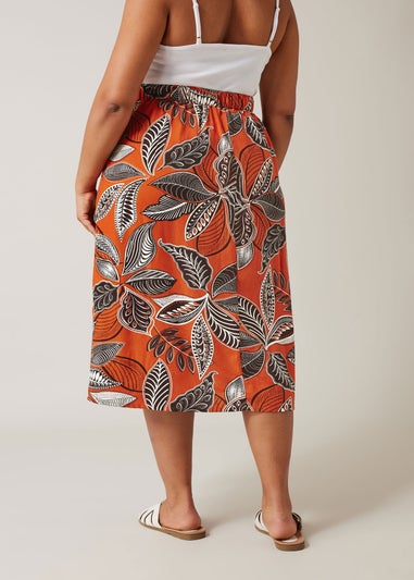 Evans Curve Rust Orange Leaf Print Linen Midi Skirt