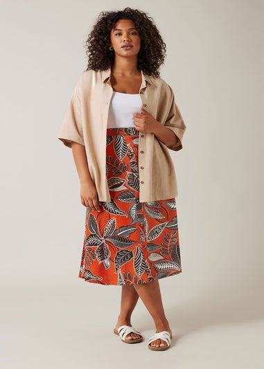 Evans Curve Rust Orange Leaf Print Linen Midi Skirt