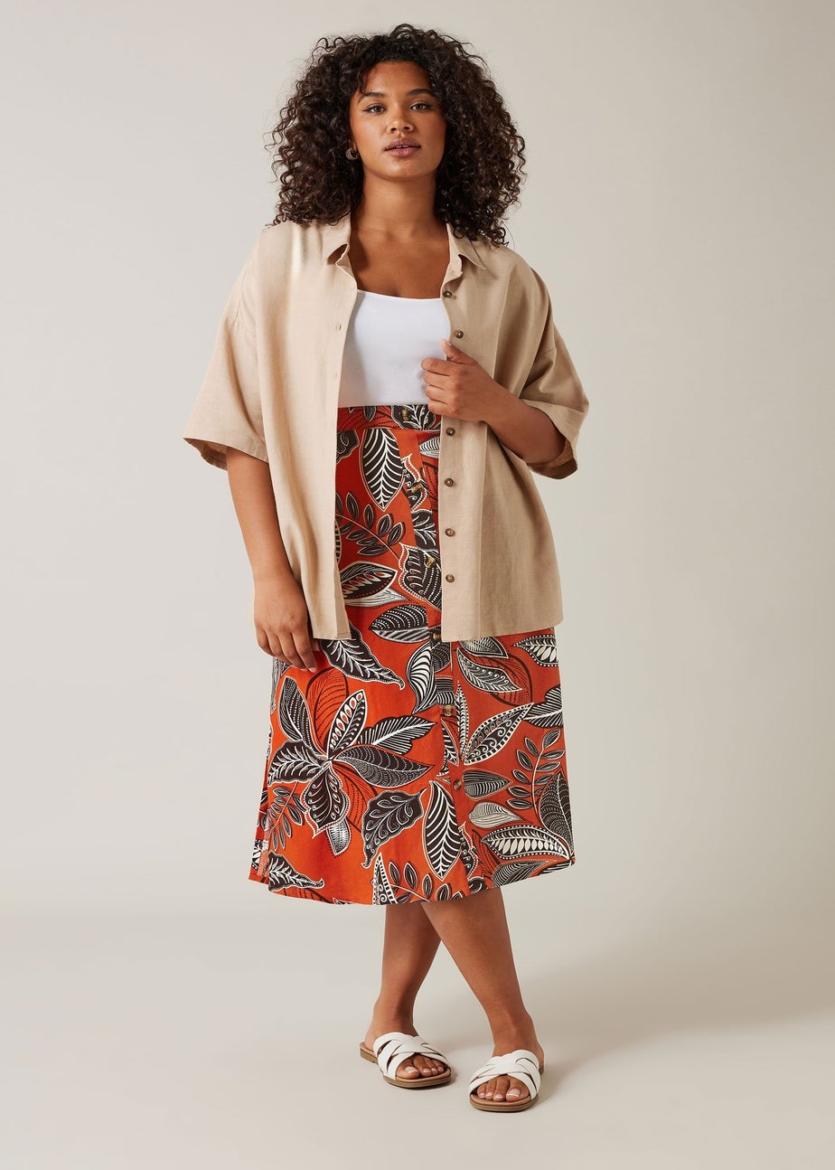 Evans Curve Rust Orange Leaf Print Linen Midi Skirt