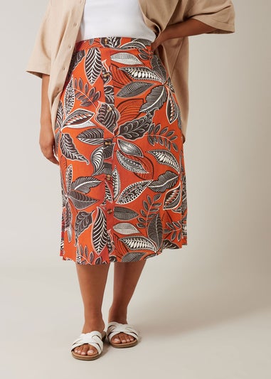 Evans Curve Rust Orange Leaf Print Linen Midi Skirt