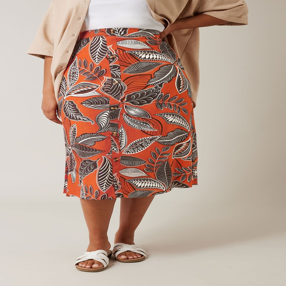 Evans Curve Rust Orange Leaf Print Linen Midi Skirt
