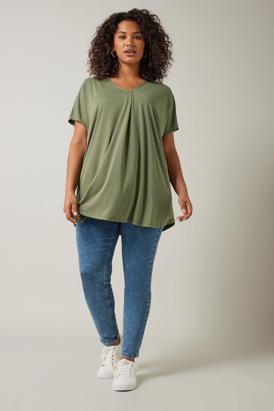 Evans Curve Khaki Green Pleat Front Modal Rich Top