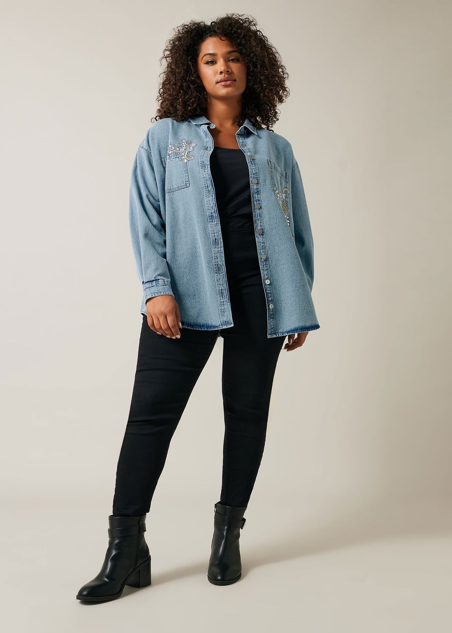 EVANS Curve Blue Denim Sequin Embellished Shirt