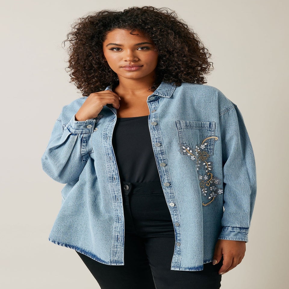 EVANS Curve Blue Denim Sequin Embellished Shirt